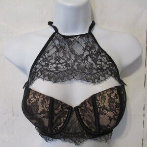 Victorias Secret Bra 34DD Black Lace Very Sexy Balconette Underwire High Neck